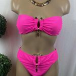 Hot Pink & Gold Metal Trim Strapless Bikini 2 Piece Swim Bathing Suit NEW M Size M Photo 2