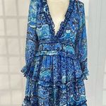 Luxxel Women's Floral Blue Ruffled Trim Open Back Mini Dress Size L Photo 0