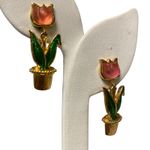 Avon Gold Tone Pink Tulip Flower Pot Dangle Clip Earrings Green Enamel Cottage Photo 1