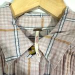 Free People  Break My Stride Pink Windowpane Plaid Metallic Button Down Shirt Photo 4