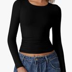 Qinsen Womens Crewneck Long Sleeve Shirt Double Lined Basic Tees Side Ruched Black Photo 0