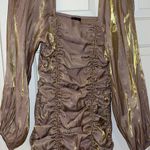Shimmery Ruched Long Sleeve Dress Tan Size M Photo 0