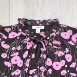 Bar III  Women's XXS Black & Pink Orchid Floral Chiffon 3/4 Sleeve Tie Neck Top Photo 2