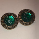 Vintage Brass Tone & Green Glitter Round Dome Clip On Earrings Photo 2