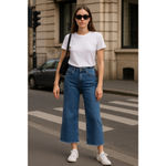 ZARA Woman High Waist Wide Leg Crop Jeans Blue Frayed Hem Rigid Denim Size 8 / 4 Photo 7