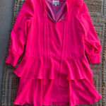 Sail To Sable STS  Hot Pink Tiered Mini Dress Size L Puff Sleeve V-Neck Tie Photo 0