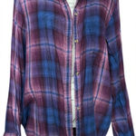 American Eagle Outfitters Boyfriend Fit Purple Blue Plaid Button Up Shirt - XL Photo 0