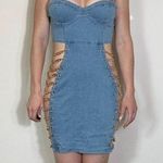 MI558 Sexy Denim Dress, Gold Chain Open Sides, Size Small Blue Photo 0