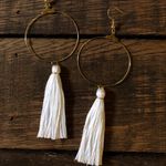 BOHO White Single Tassel Hoop Earrings Photo 0