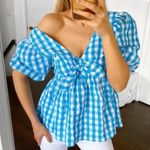 Lilly Pulitzer Sarafina Turquoise Oasis Crinkle Gingham Short Puff Sleeves Top 4 Photo 1