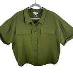 DKNY  Green Short Cuffed Sleeve Cropped Oversized Stretchy Button Up Blouse Sz XL Photo 0