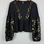 Anthropologie By Top Womens XS Black Gold Neale Sequin Peplum Hem Cropped Blouse Photo 0