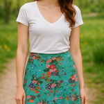 Esqualo Teal Floral Mini Lined Skirt w/ Bottom Ruffle Size 6 Blue Photo 0