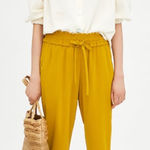 ZARA Pants Women X Small Yellow Tie Waist Crop Ankle Smocked Coastal Preppy Photo 0