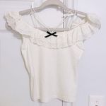 Japanese Kawaii White Cotton Off Shoulder Ruffle Lace Black Bow Shirt Blouse Top Size XS Photo 0