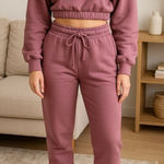 Zenana 2 Pcs Crop Sweatshirt Tracksuit Jogger Pants Set Outfit Active Loungewear Dusty Rose Pink Size XL Photo 0
