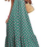 NWT ~ Long Green Boho Maxi Dress Smocked Bohemian Sundress ~ Women's LARGE Photo 0