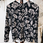 90s Silk Crinkle Textured Moody Floral Long Sleeve Shirt Black Size 6 Photo 0