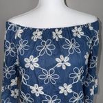 ECI Womens 6 Floral Embroidered Denim Off The Shoulder Dress Blue White Pocket Photo 2