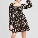 Xhilaration NWOT Long Sleeve Black Floral Mini Smocked Dress Photo 0