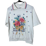 act III Womens White Floral Bow Short Sleeve Collared Sweatshirt Top Made in USA Size L Photo 0