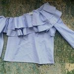 Main Strip ruffle cold shoulder blue pinstriped blouse, size large Photo 0
