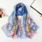 Deep Blue Floral Fashion Scarf - Women's Chiffon Printed Silk Soft Fashion Wrap Photo 0