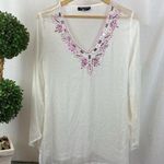 Katherine NY White & Pink Embellished V Neck Long Sleeve Sheer Tunic Top S Photo 0