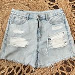 American Eagle  Size 4 Mom Shorts Light Wash Thrashed Holes Pockets Denim Shorts Photo 0