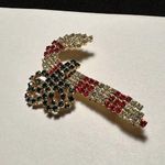 Rhinestone Red & White Candy Cane With Green Bow Christmas Holiday Brooch Pin Gold Photo 3