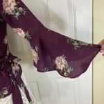 Timing Burgundy floral wrap top, ladies small bell flare sleeve V-neck bohemian blouse Photo 2