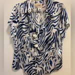 Naomi Womens Sheer Button Down Blouse XL 42” Blue White Print Ruffles Beach Photo 0
