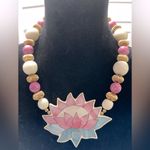 VTG Abalone Inlay Lotus Flower Statement Necklace Pink Blue Mother of Pearl Photo 1
