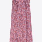 ZARA  Red Blue Floral Ruffle Shoulder Crepe Midi Tunic Prairie Dress Medium Photo 0