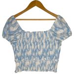 Lush Clothing New Lush Womens Size XL Cropped Top Smocked Cap Puff Sleeve White Blue Swirl Photo 6