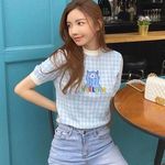 Ganni Blue Gingham Women's Knit Top with Cute Monster Print Photo 0
