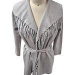 Nicole Miller New York Rayon Blend Gray Long Cardigan Belted Fringe Sz L Photo 4