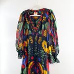 Farm Rio Georgette Tropical Puff Sleeve V-Neck Ruffle Maxi Dress Black Medium Photo 4