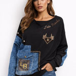 Lola Bianka Sweatshirt Large/XL Black Blue Denim Mixed Media Patchwork Y2K Glam Photo 0