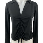 ZARA  Women's Black Collared Ruched Cinched Tie Long Sleeve Shirt Blouse Top Sz M Photo 0