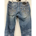 Miss Me Crop Capri Denim Jeans Dark Stone Wash Cross Flap Blue Rhinestone Sz 30 Photo 6