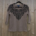 Karen Scott  petite medium Khaki‎ Beige Black Beads Pullover Sweater fairy top Photo 0