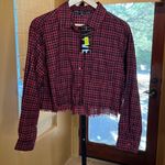 HYFVE  Frayed Hem Flannel Crop Red Plaid Shirt Size Medium Photo 2