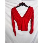 AQUA  Red Long Sleeve Plunge Top Ruched‎ Blouse V Neck Fitted Size S Photo 4