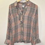 J. Jill Women’s Plaid Button Front Ruffle Tartan Shirt Size Medium Brown Photo 6