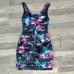 EXPRESS  Navy Floral Ruched Satin Sleeveless Dress S35 Photo 4