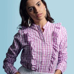 The Shirt by Rochelle Behrens The Kimberly Shirt lavender check ruffle sz S Purple Photo 0