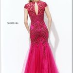 Sherri Hill Deep Raspberry Pink Beaded Tulle Skirt Mermaid Gown- Dress 2 Photo 3