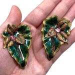 Vintage Unsigned Caladium Leaf Large Post Earrings Enamel Bohemian Boho Floral Multi Photo 0