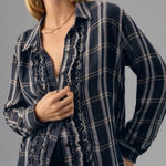 Anthropologie  Pilcro Ruffled Buttondown Shirt in a black, cream, and pink plaid Photo 0